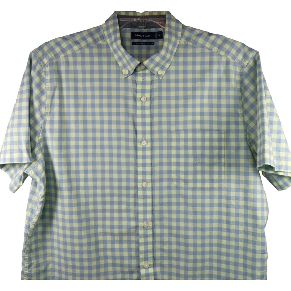 Nautica Gingham Plaid Shirt Mens XLShort Sleeve Button Down Blue & Yellow Cotton